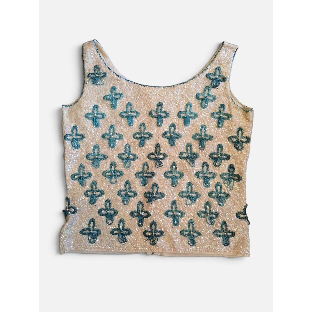 Vintage 1950s Wool Sequin Beaded Tank White Blue Size M Zip Up Shell Hand Beaded